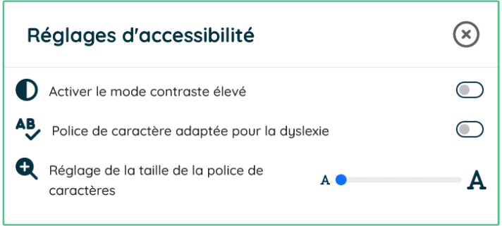 Image qui représente la fenêtre de réglages d'accessibilité de la plateforme.
